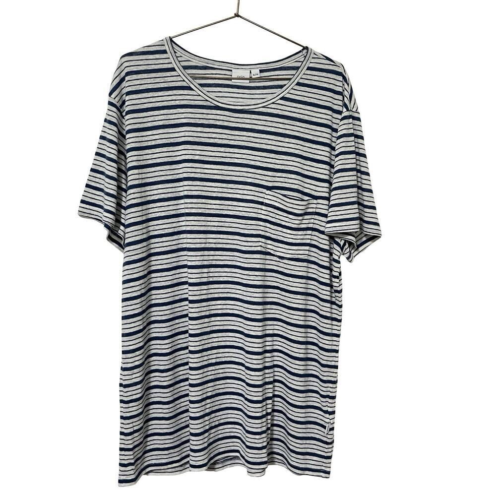 Onia Mens‎ Chad Linen Blend Jack Stripe Tee Size XL Navy White Crewneck Nautical